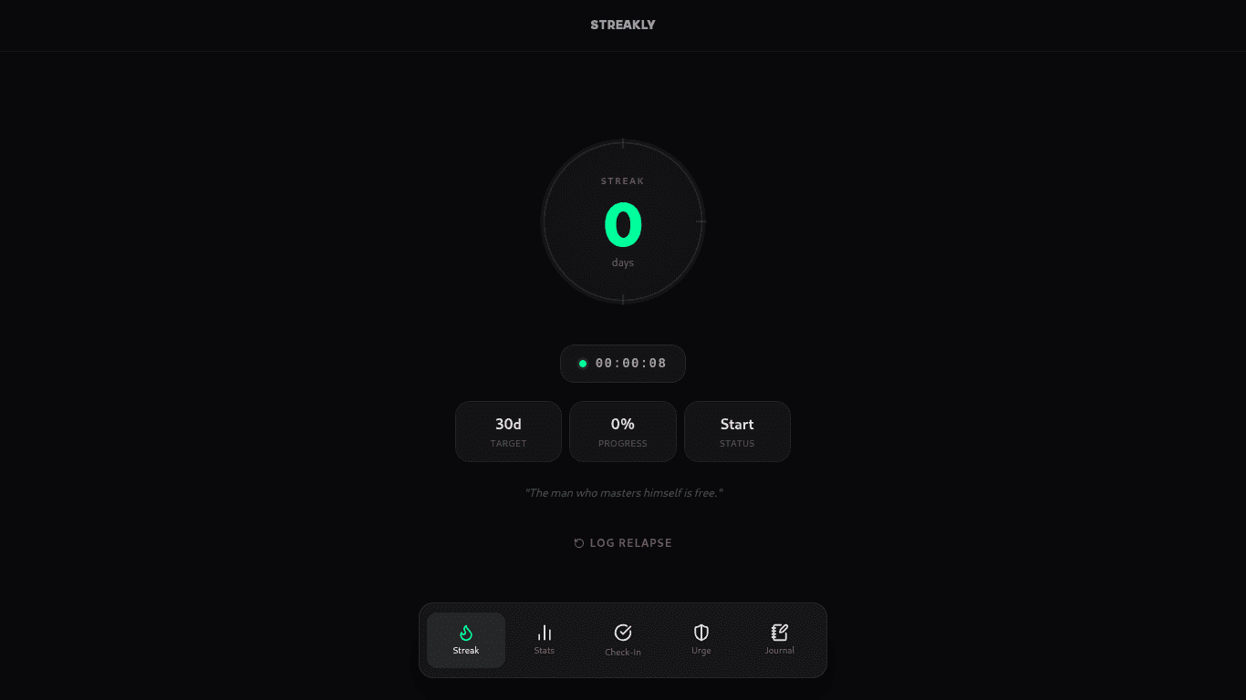 Streakly habit cessation interface showing live streak progress and interactive controls